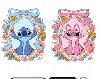 Paquete PNG floral de Stitch y ángel, arte de pared para baby shower, linda pareja de Disney imprimible, descarga de Lilo y Stitch