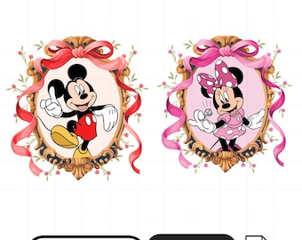 Vintage Mickey Minnie PNG Bundle, süße Cartoon Paar Clipart, Disney Figuren digitale Wandkunst, Mickey Minnie druckbare Design