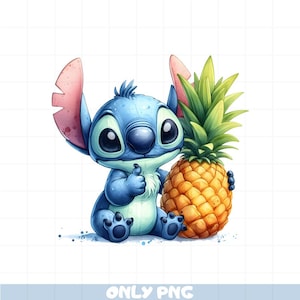 Stitch Holding Pineapple PNG, Letnia kreskówka Clipart, Uroczy tropikalny owocowy plik cyfrowy, Dziecięca koszulka Sublimacja Design, Dekoracja imprezowa Sztuka