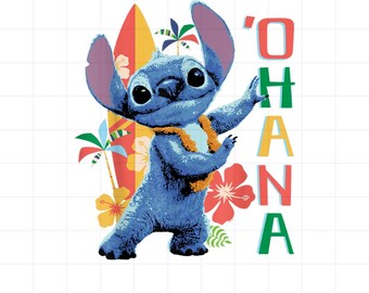 Ohana Stitch Hawaiano PNG, Clipart de tabla de surf de Disney Stitch, Diseño de sublimación de playa tropical de verano, Linda descarga digital de Stitch