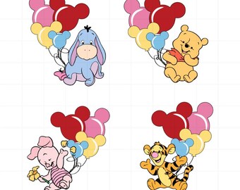 Winnie the Pooh Balloon Bundle, Cute Disney SVG PNG EPS, Eeyore Piglet Tigger Clipart, Mickey Mouse Balloons Sublimation Design
