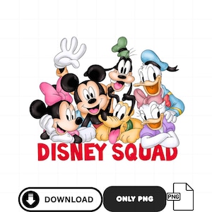 May include: A colorful graphic featuring Mickey Mouse, Minnie Mouse, Goofy, Donald Duck, Daisy Duck, and Pluto. The text "DISNEY SQUAD" is displayed in red. The image includes download and PNG options.