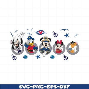 May include: SVG graphic featuring Disney characters Goofy, Donald Duck, Mickey Mouse, Minnie Mouse, and Pluto in nautical attire, each framed in a circular porthole. Decorative elements include anchors, fish, stars, and seagulls. The Disney Cruise Line logo is also present.