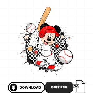 May include: Mickey Mouse in a baseball uniform, swinging a bat. The cartoon character is wearing a red helmet, white uniform with red accents, and red shoes. Two baseballs and a checkered background are also featured.