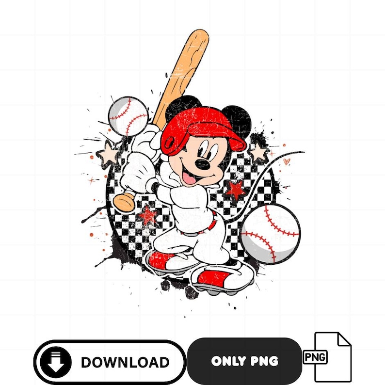 May include: Mickey Mouse in a baseball uniform, swinging a bat. The cartoon character is wearing a red helmet, white uniform with red accents, and red shoes. Two baseballs and a checkered background are also featured.