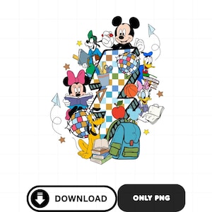 May include: A colorful graphic featuring Mickey Mouse, Minnie Mouse, Goofy, Donald Duck, Daisy Duck, and Pluto. The number 7 is filled with school supplies and characters. A blue backpack, basketball, and apple are also included.
