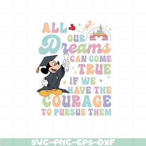 Peut inclure: Un design graphique coloré représentant Mickey Mouse portant un bonnet de graduation et tenant un diplôme. Le texte dit "Tous nos rêves peuvent se réaliser si nous avons le courage de les poursuivre".