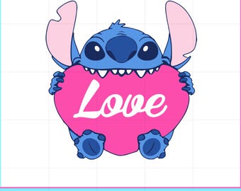 Stitch Love Valentine SVG, Cute Heart Holding Character Clipart, Kawaii Cartoon Design, Romantic Digital Download, Sublimation PNG,