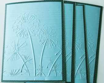 4 note cards set, turquoise notecards dandelions stationery, blank cards with envelopes