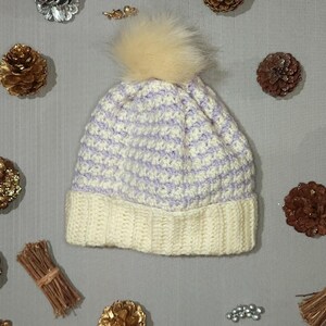 Handmade Crochet Beanie with Detachable Pompom – Lilac and Aran White Winter Hat