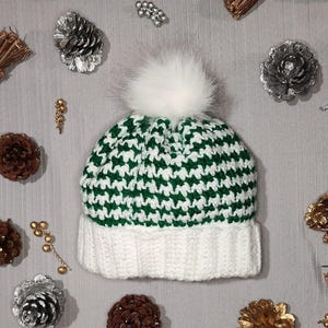 Handmade Crochet Beanie with Detachable Pompom – Green and White Winter Hat