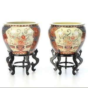 Vintage LARGE Satsuma Ware fishbowl planters Chinoiserie koi with gold Moriage and wooden stands, set of two