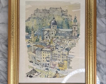 Vintage Johannes Korthals (1916-1998) urban sketch print of Salzburg, gold frame