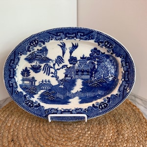 Antique Blue Willow oval Ironstone platter, made in Japan, 12-in., Chinoiserie design