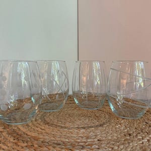 Handmade stemless wine glasses, etched with various designs, set of 4