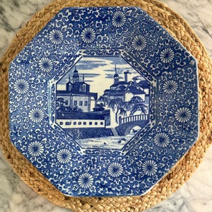 Vintage Arita Imari ware, hand-painted blue & white octagonal platter