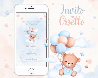 May include: A smartphone displaying a digital baptism invitation featuring a watercolor illustration of a brown teddy bear holding a bunch of blue and peach balloons while sitting on a cloud, surrounded by stars and text in Italian.