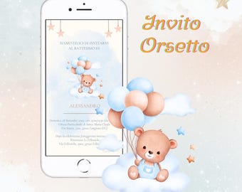 Invito digitale, battesimo, compleanno, comunione, feste, tema orsetto