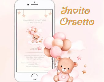 Invitación digital, bautizo, cumpleaños, comunión, fiestas, temática osito