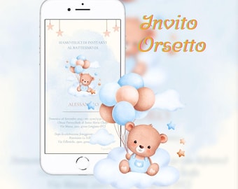 Invito digitale, battesimo, compleanno, comunione, feste, tema orsetto
