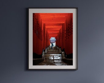 1000 puertas Torii: póster de satén de jardín japonés, impresión artística, decoración del hogar, arte de pared, regalo único, fotografía con paraguas rojos