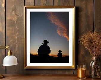 Vaqueros al atardecer: arte mural de Texas, decoración rústica para el hogar, regalo único, póster de vaqueros vintage
