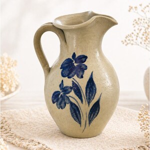 Vintage Williamsburg Pottery Pitcher Creamer Blue Floral Salt Glaze Stoneware 6” Farmhouse Kitchen Decor