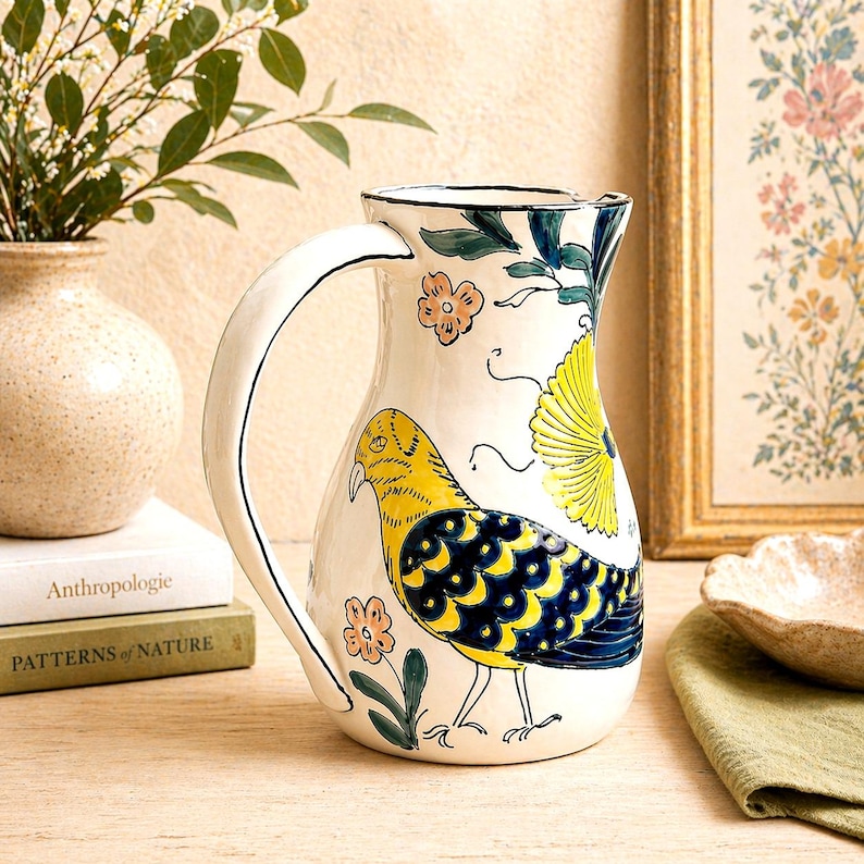 May include: A white ceramic pitcher with a large curved handle, decorated with a yellow and blue bird design, flowers, and green leaves. The pitcher is on a wooden surface, with books and a vase in the background.