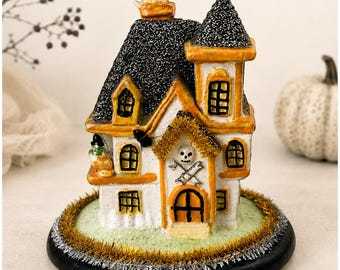 Vintage keramiskt spökhus från 1980-talet, 10 cm Halloweenhus, spöke som lyser i mörkret, Halloweendekoration med folkkonst