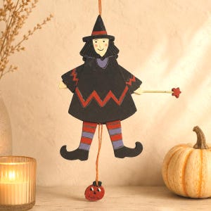 Vintage Midwest Imports Wooden Witch Pull String Puppet Folk Art Halloween Ornament 8.8 Inch
