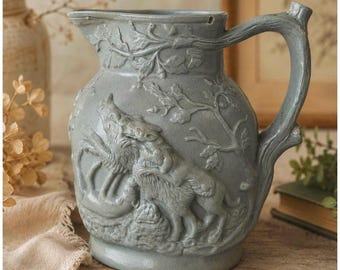 Antique Staffordshire Boar Stag Hunt Pitcher, c1845 Relief Molded Hunting Jug, English Country Cottage Decor, Attributed Mason