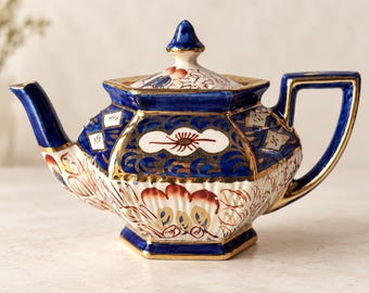 Vintage Arthur Wood Traditional Imari Hexagonal Teapot 1629 England Cobalt Blue Gold Trim 6" English Pottery