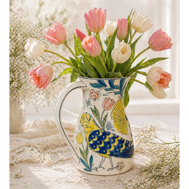 May include: A white ceramic pitcher with a bird and floral design, filled with pink and white tulips. The pitcher has a curved handle and is decorated with blue, yellow, and green accents. The flowers are in full bloom.