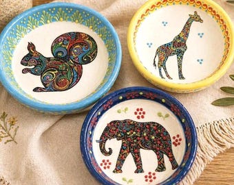Set of 3 Hand-Painted Ceramic Animal Bowls: Elephant, Giraffe, Squirrel Designs