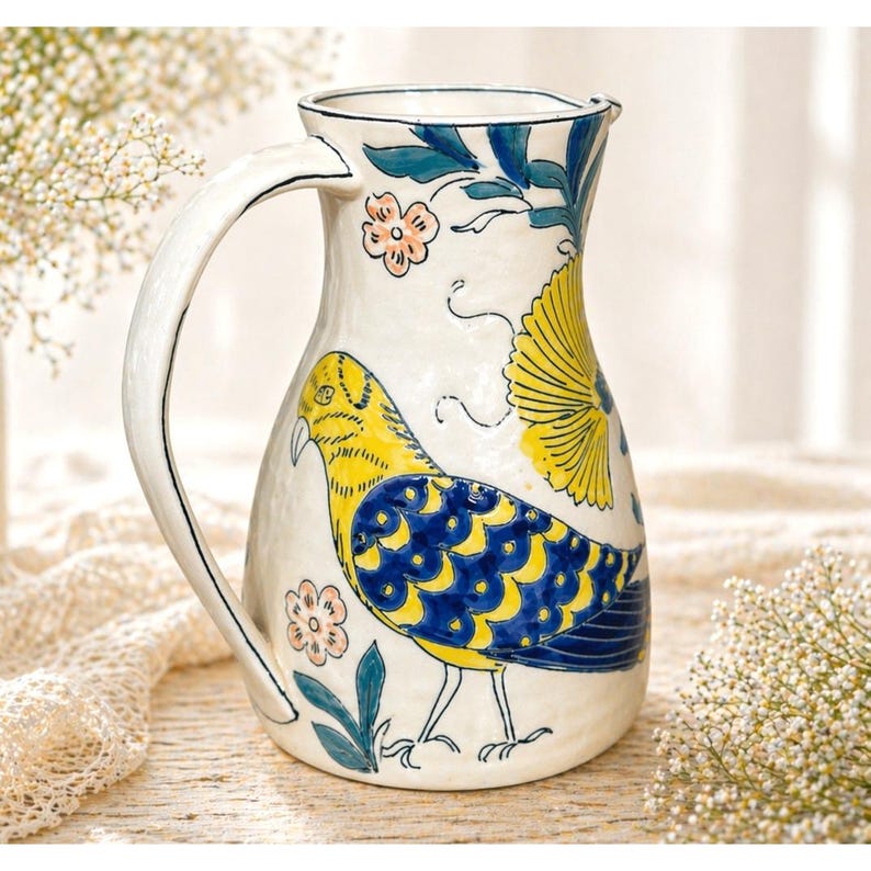 May include: A white ceramic pitcher with a large handle, decorated with a yellow and blue bird design. The pitcher also features floral and leaf accents in blue and pink. The pitcher is a decorative item.