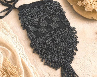 1920s Art Deco Beaded Flapper Purse Black Fringe Micro Bead Evening Bag Vintage Gatsby Style Handbag