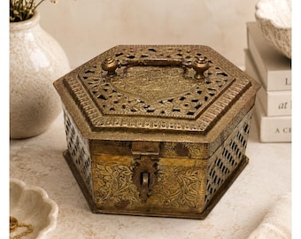Vintage Brass Jali Jewelry Box Mughal Style Hexagon Engraved Keepsake Box Boho Decor Indian Trinket Box Lattice Metal Storage