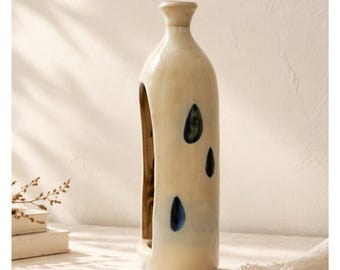 Vintage Williamsburg Pottery Candleholder Jug Salt Glaze Cobalt Blue Leaves 8.5”