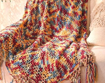 Manta de ganchillo hecha a mano estilo boho afgano multicolor con flecos, estilo vintage, 51x34