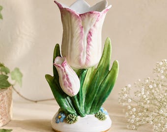 Vintage Porcelain Tulip Vase Pink White Floral Bud Vase Art Nouveau Style Cottage Spring Decor