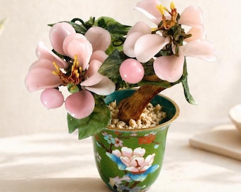 Vintage Rose Quartz Glass Bonsai Tree Cloisonné Pot Asian Gemstone Tree Jade Leaves Decor 7" Boho Decor