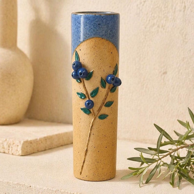 Vintage Ceramic Bud Vase Blue Berries, Handcrafted Stoneware Vase ...