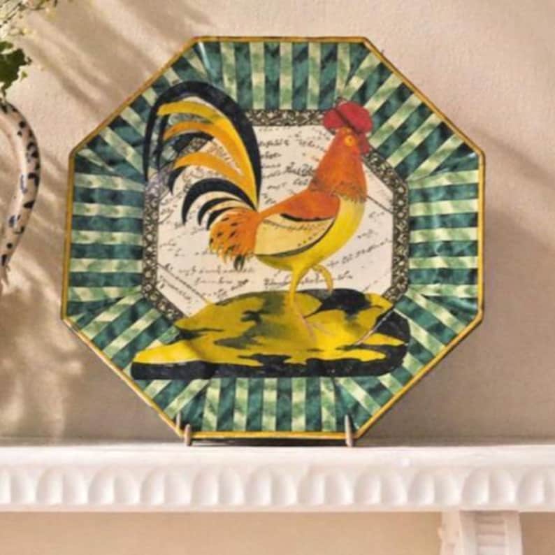 Anthropologie Plate Decoupage Rooster Glass Octagon Decorative image 1