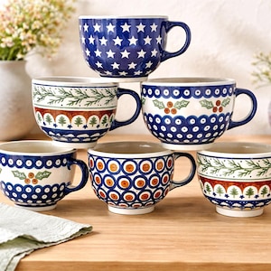 Taza de sopa/café de cerámica polaca, azul y blanca, con estrellas de acebo - ELIGE EL DISEÑO