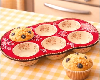 Molde para muffins Temptations Old World Red, Tara Bakeware, molde para cupcakes de 6 cavidades, fuente para hornear de cerámica vintage, decoración de cocina rústica