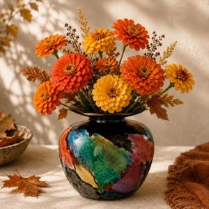 Puede incluir: Un jarrón redondo de cerámica negra con manchas abstractas multicolores en tonos azul, verde, amarillo y rojo. El jarrón contiene un ramo vibrante de flores zinnia naranjas y amarillas, intercaladas con pequeñas ramas marrones.