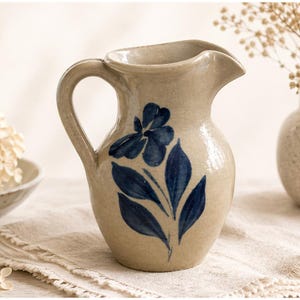 Vintage Williamsburg Pottery Creamer Blue Floral Salt Glaze Pitcher 4.5” Farmhouse Cottage Kitchen Decor