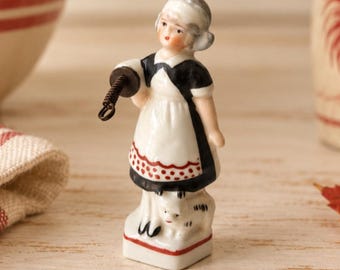 Antique 1920s Porcelain Maid and Cat Kitchen Egg Timer 4" Figural Kitchenware Vintage Kitchen Decor