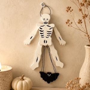 Vintage 1980s Midwest Imports Skeleton Jumping Jack Wooden Pull String Puppet Ornament 8 Inch