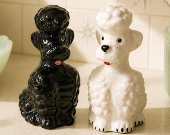 Salero y pimentero vintage con forma de caniche, Goebel, años 50, cerámica blanca y negra, decoración de cocina de mediados de siglo, kitsch, Alemania